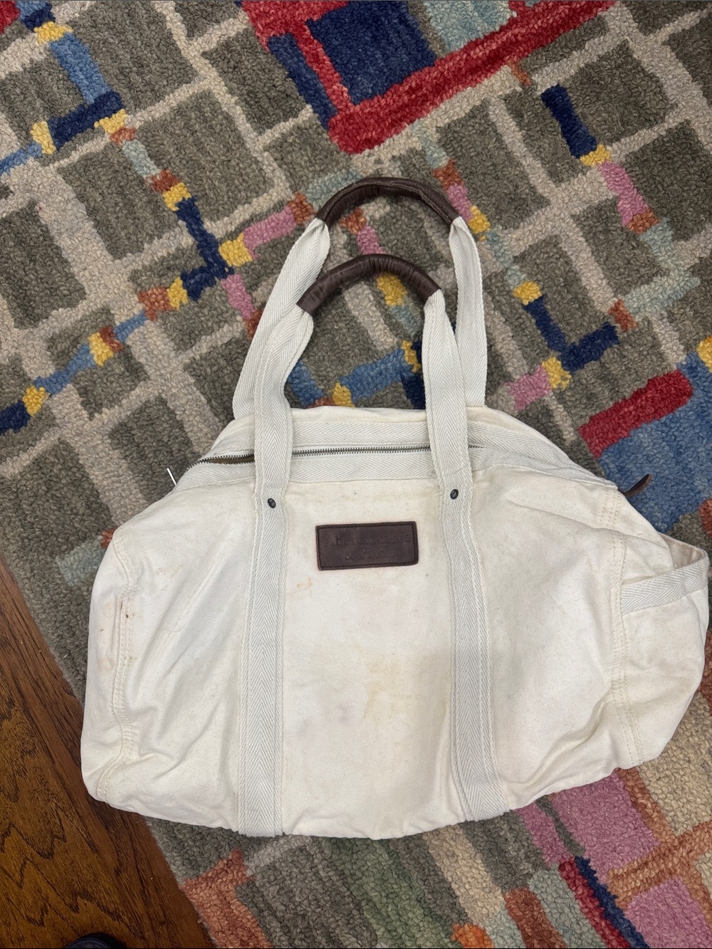 Abercrombie & Fitch Cream Canvas Tote with Brown Leather Patch.